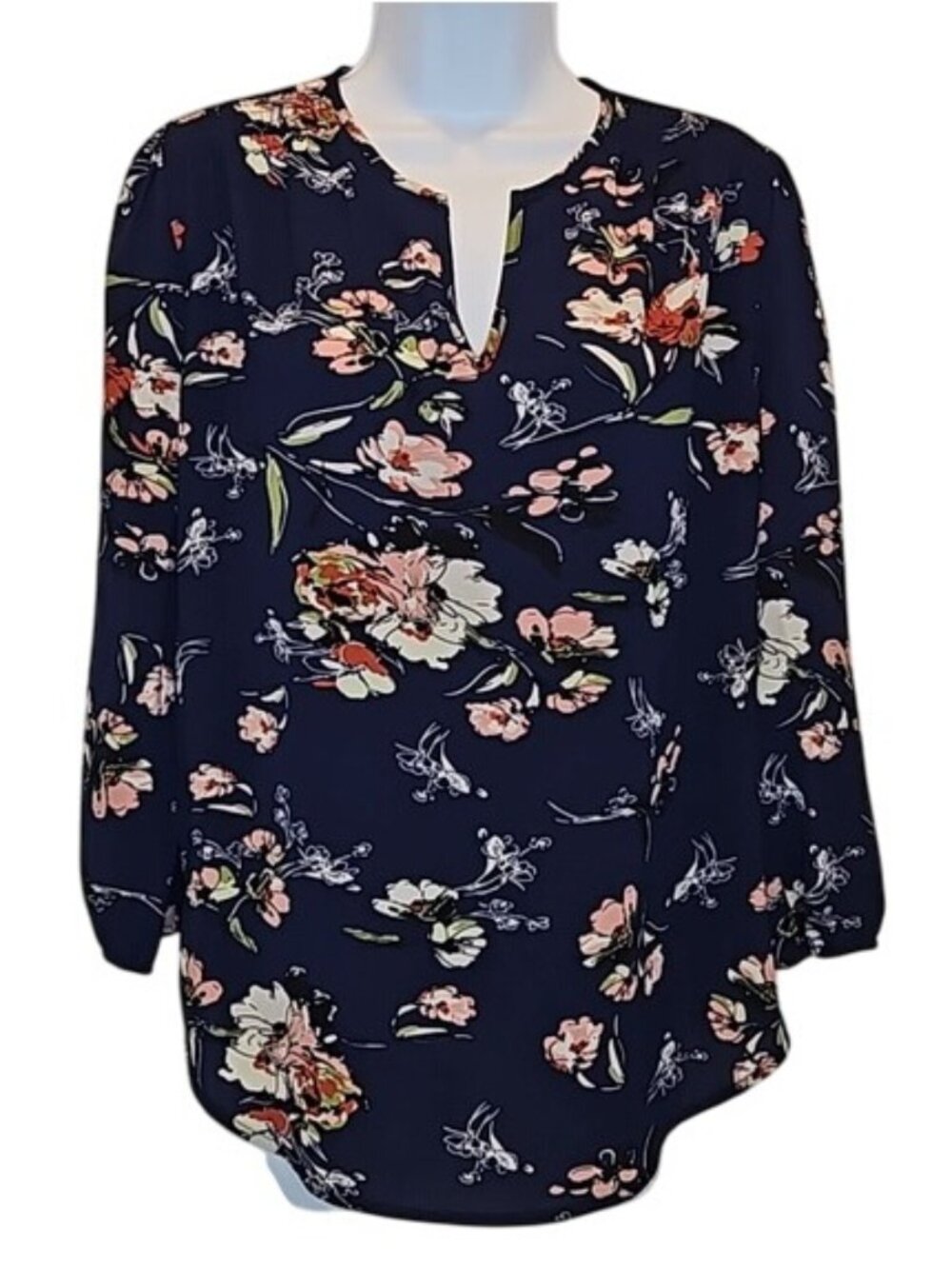 fun2fun Navy Blue Floral Blouse Top Size Small New Office Career Business Spring